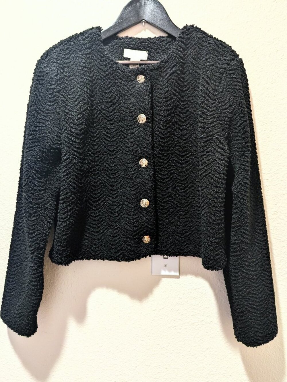 H&M Black Textured Teddy Jacket With Gold Buttons Size M